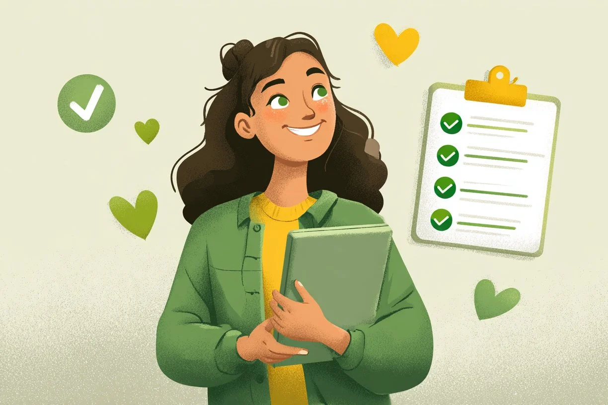 Woman smiling with approval checkmarks, representing easy Oportun loan qualification